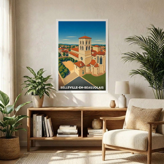 Affiche souvenir de la ville de Belleville-en-Beaujolais avec une illustration stylisée de son architecture.