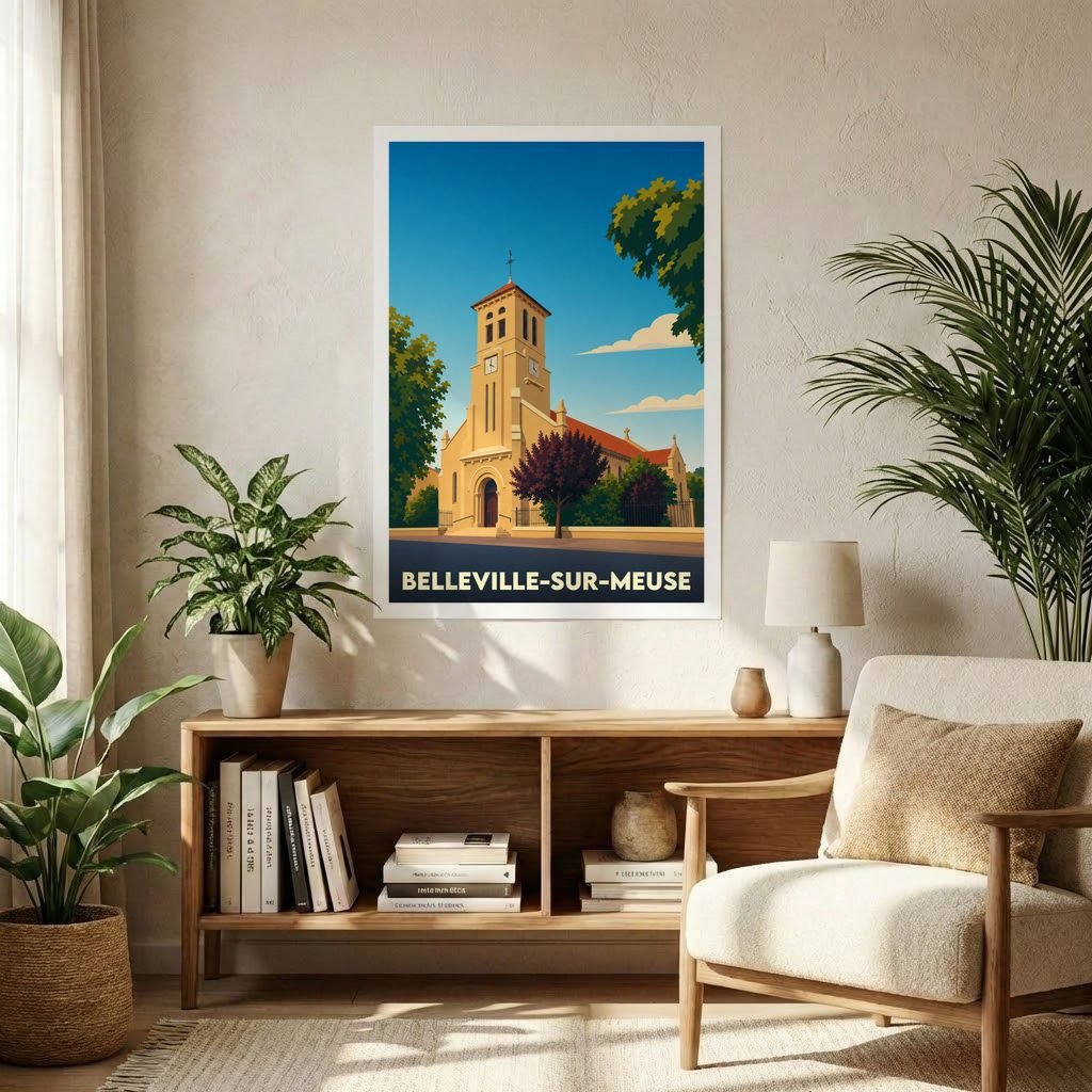 Affiche souvenir de la ville de Belleville-sur-Meuse avec une illustration stylisée de son église sous un ciel bleu.