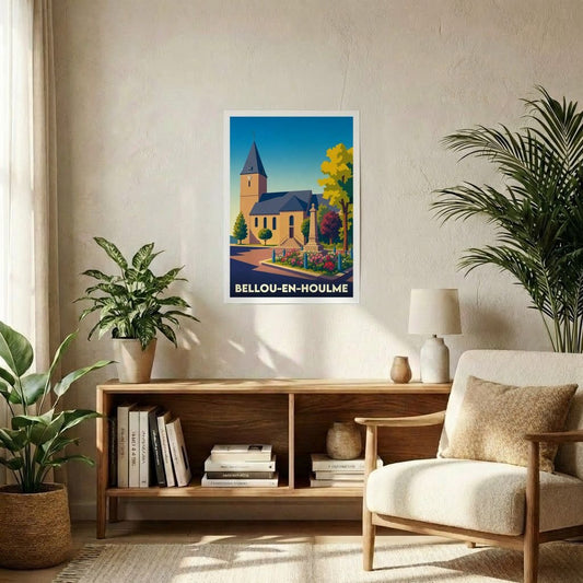 Affiche souvenir de la ville de Bellou-en-Houlme avec une illustration stylisée d'une église sous un ciel bleu.