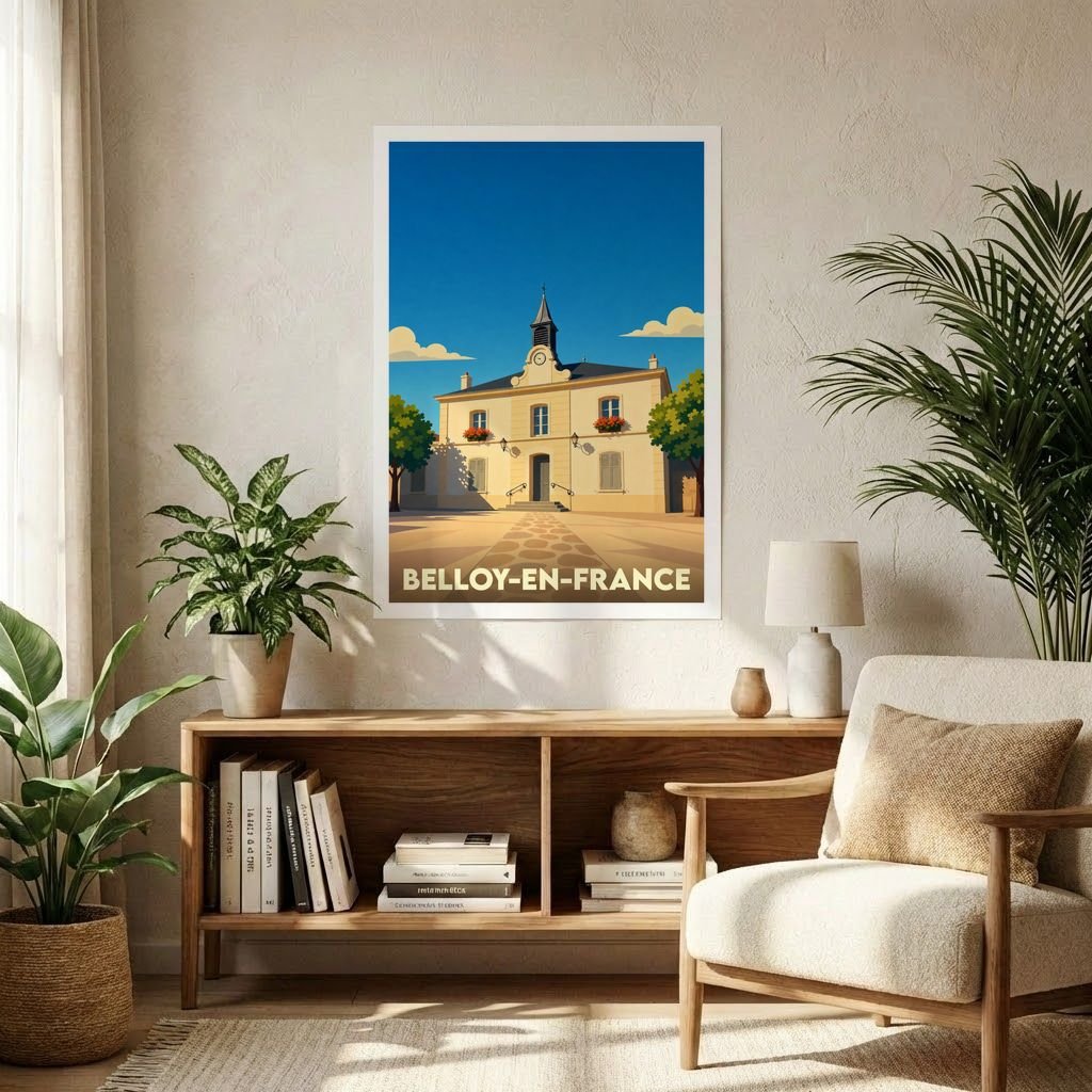 Affiche souvenir de la ville de Belloy-en-France avec une illustration stylisée de son hôtel de ville sous un ciel bleu.