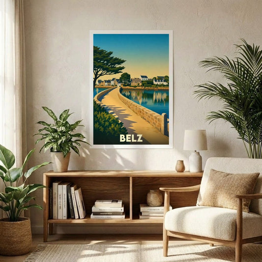 Affiche souvenir de la ville de Belz avec une illustration stylisée représentant un pont de pierre menant vers un village côtier.