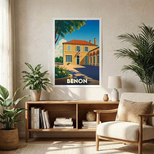 Affiche souvenir de la ville de Benon présentant une illustration stylisée et colorée d'un bâtiment typique sous un ciel bleu.