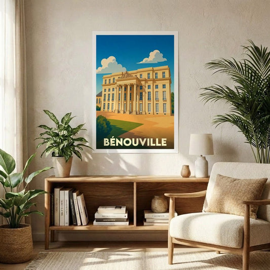 Affiche souvenir de la ville de Bénouville présentant une illustration stylisée de son château.
