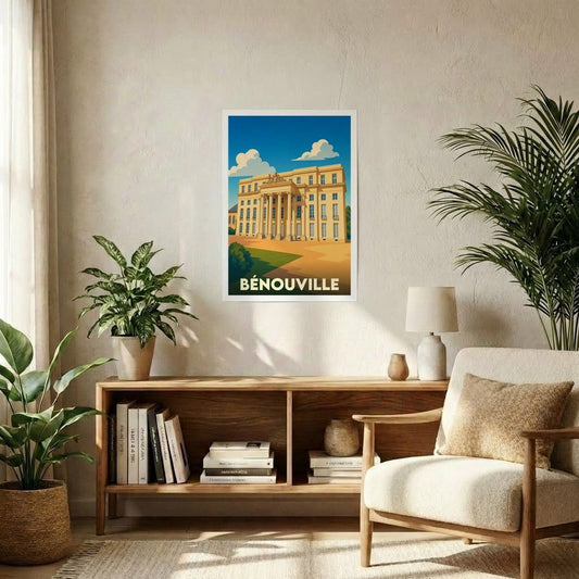 Affiche souvenir de la ville de Bénouville avec une illustration stylisée de son château.