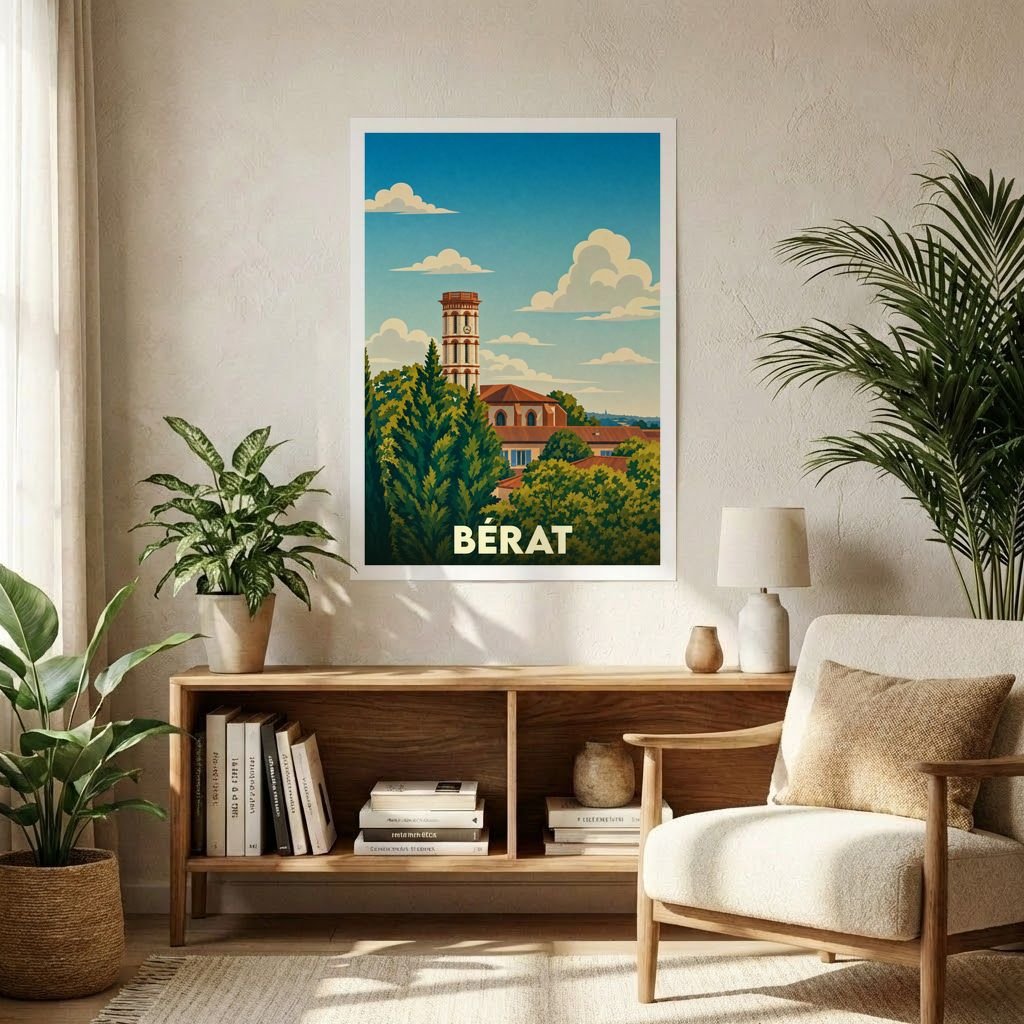 Affiche souvenir de la ville de Bérat avec une illustration stylisée montrant son clocher émergeant des arbres sous un ciel azur.
