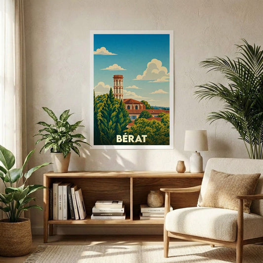 Affiche souvenir de la ville de Bérat avec une illustration stylisée montrant son clocher émergeant des arbres sous un ciel azur.