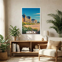 Affiche souvenir de la ville de Berck avec une illustration stylisée de son front de mer et de ses dunes.