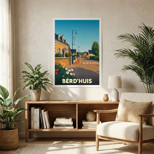 Affiche souvenir de la ville de Berd'huis présentant une illustration stylisée d'une rue ensoleillée.
