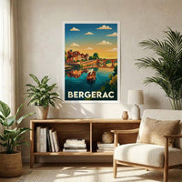 Affiche souvenir de la ville de Bergerac avec une illustration stylisée d'un paysage fluvial au coucher du soleil.