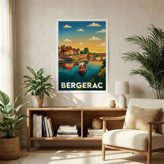Affiche souvenir de la ville de Bergerac avec une illustration stylisée d'un paysage fluvial au coucher du soleil.