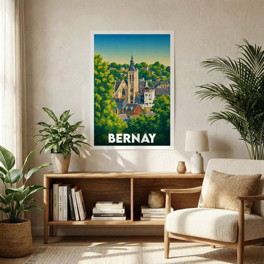 Affiche souvenir de la ville de Bernay avec une illustration stylisée et colorée.