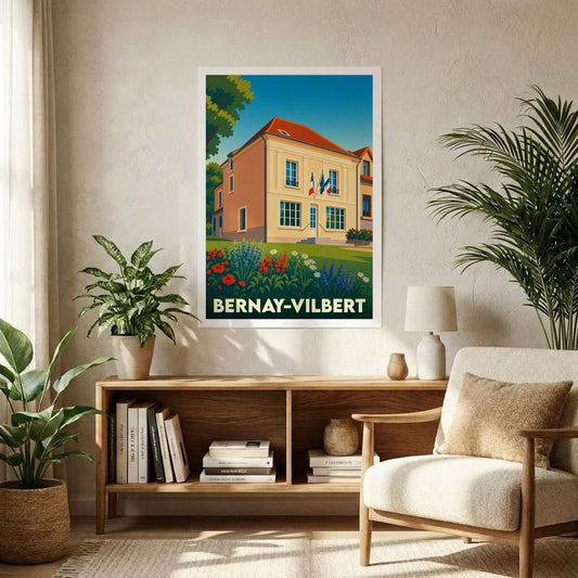 Affiche souvenir de la ville de Bernay-Vilbert avec une illustration stylisée de sa mairie fleurie.