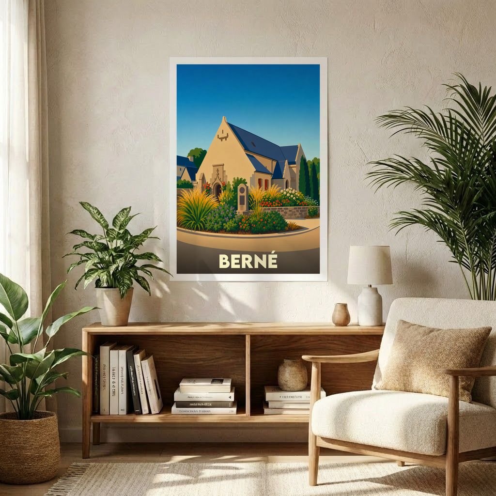 Affiche souvenir de la ville de Berné avec une illustration stylisée et colorée.