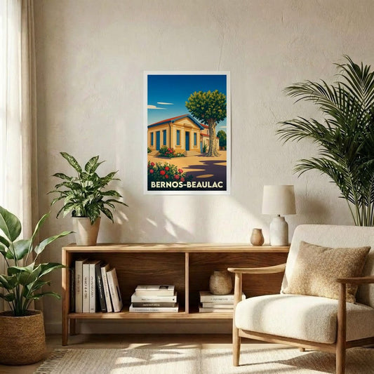 Affiche souvenir de la ville de Bernos-Beaulac avec une illustration stylisée.