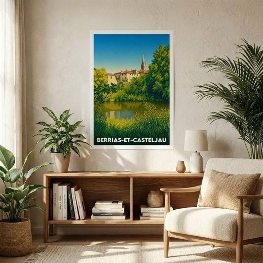 Affiche souvenir de la ville de Berrias-et-Casteljau avec une illustration stylisée de son paysage.