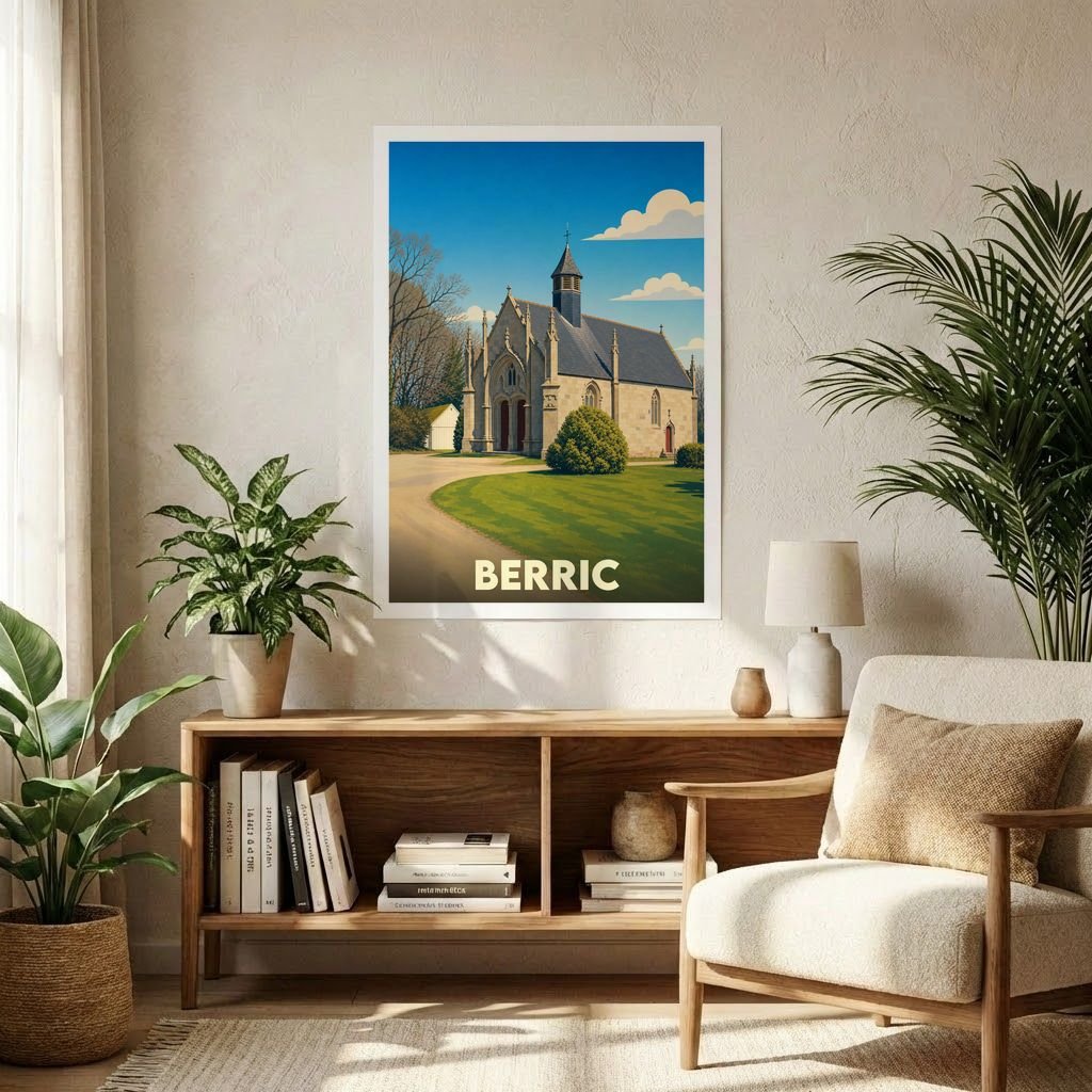 Affiche souvenir de la ville de Berric avec une illustration stylisée d'une chapelle bretonne.
