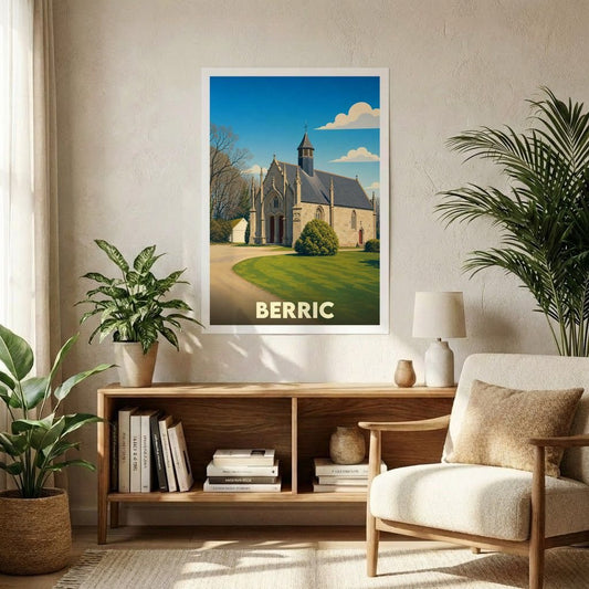 Affiche souvenir de la ville de Berric avec une illustration stylisée d'une chapelle bretonne.