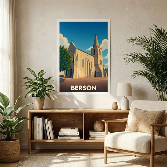 Affiche souvenir de la ville de Berson représentant son église dans un style graphique épuré.