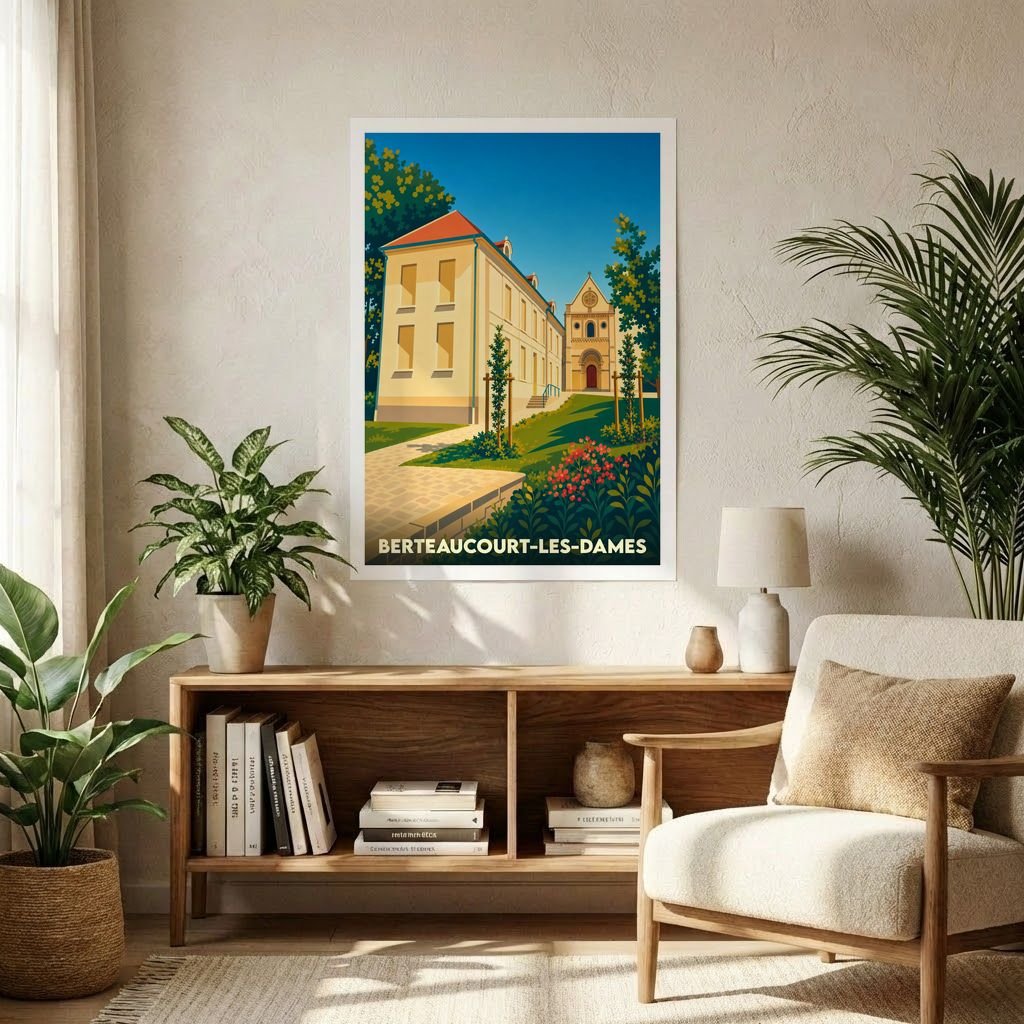Affiche souvenir de la ville de Berteaucourt-les-Dames avec une illustration stylisée de son patrimoine architectural.