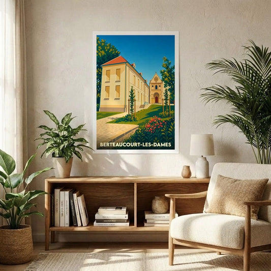 Affiche souvenir de la ville de Berteaucourt-les-Dames avec une illustration stylisée de son patrimoine architectural.