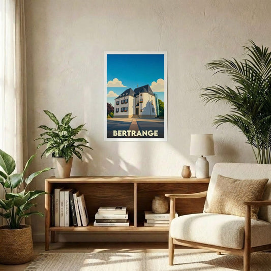 Affiche souvenir de la ville de Bertrange avec une illustration stylisée d'un bâtiment historique.