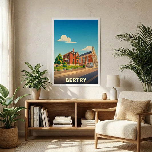 Affiche souvenir de la ville de Bertry avec une illustration stylisée et colorée de son architecture.