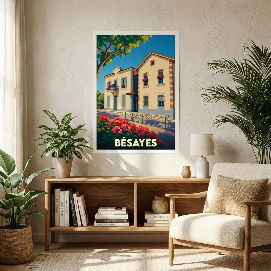Affiche souvenir de la ville de Bésayes représentant une maison provençale fleurie dans un style graphique rétro.