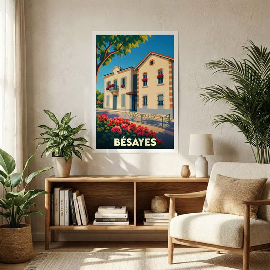 Affiche souvenir de la ville de Bésayes représentant une maison provençale fleurie dans un style graphique rétro.