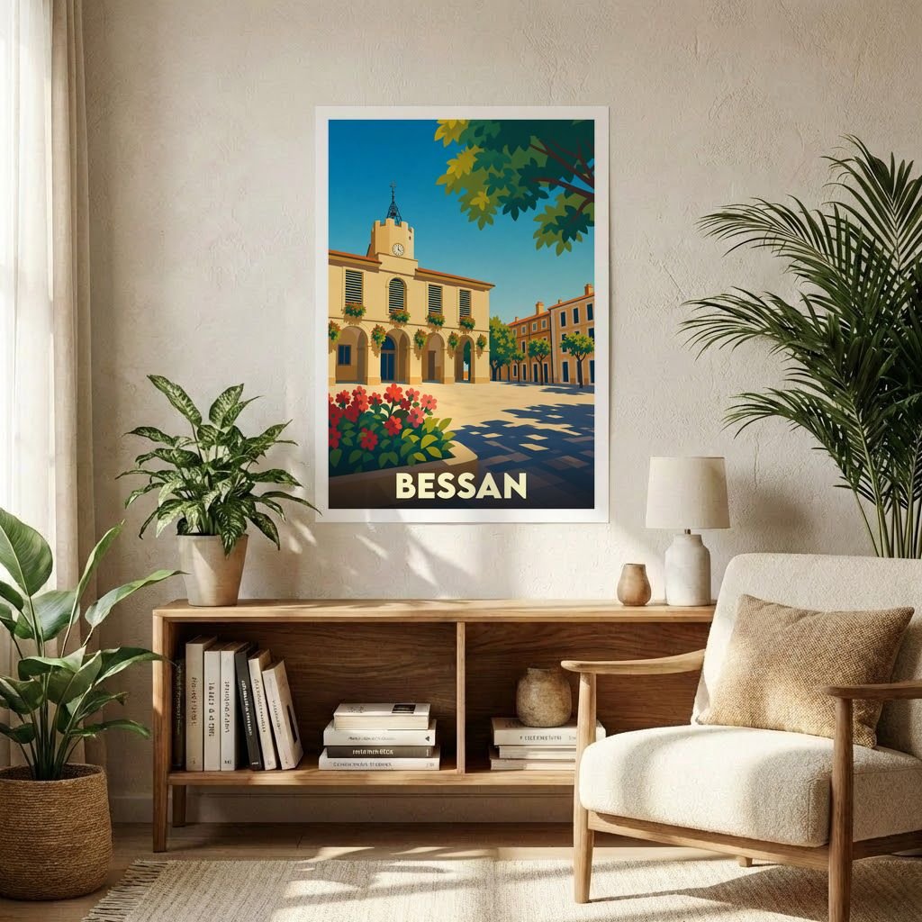 Affiche souvenir de la ville de Bessan avec une illustration stylisée et colorée de sa place centrale.