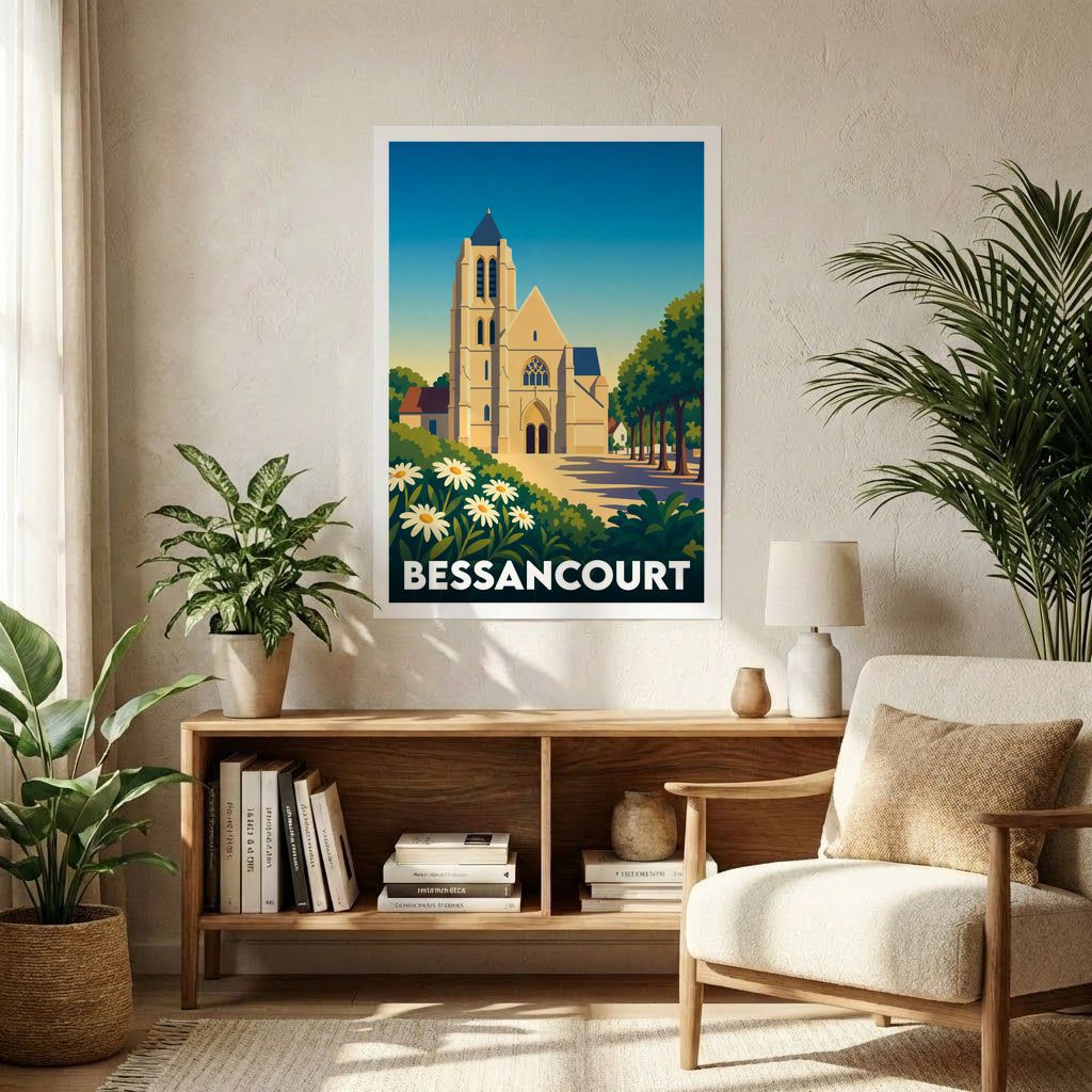 Affiche souvenir de la ville de Bessancourt avec une illustration stylisée de son église et de sa végétation.