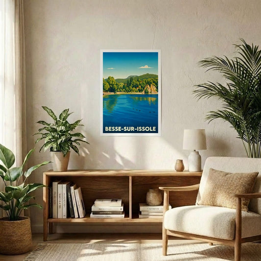 Affiche souvenir de la ville de Besse-sur-Issole avec une illustration stylisée d'un paysage lacustre.