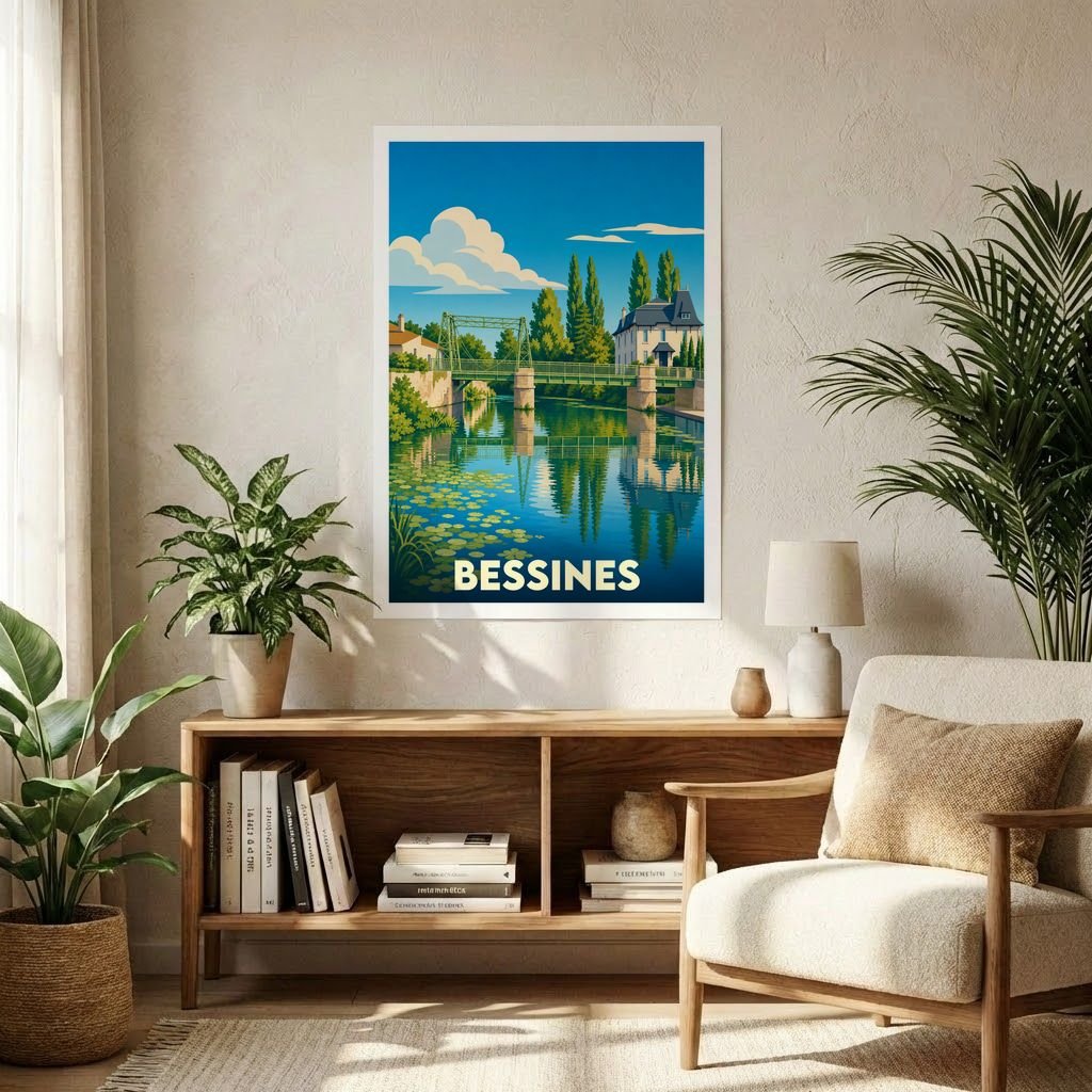 Affiche souvenir de la ville de Bessines avec une illustration stylisée d'un pont au-dessus de l'eau.