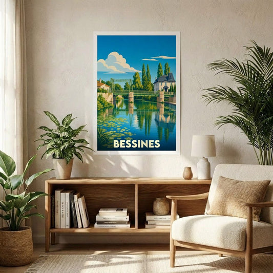 Affiche souvenir de la ville de Bessines avec une illustration stylisée d'un pont au-dessus de l'eau.