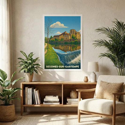 Affiche souvenir de la ville de Bessines-sur-Gartempe avec une illustration stylisée d'un paysage fluvial.