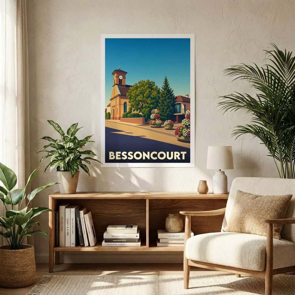 Affiche souvenir de la ville de Bessoncourt avec une illustration stylisée et colorée du village.