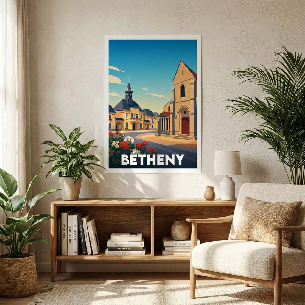 Affiche souvenir de la ville de Bétheny avec une illustration stylisée d'une église et de l'hôtel de ville.