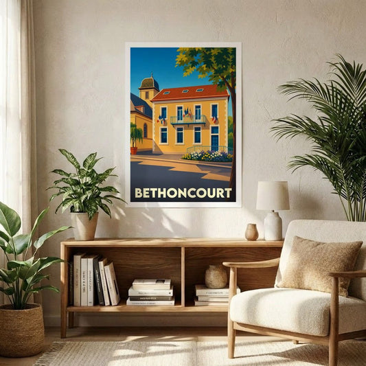 Affiche souvenir de la ville de Bethoncourt avec une illustration stylisée d'un bâtiment coloré sous un ciel bleu.