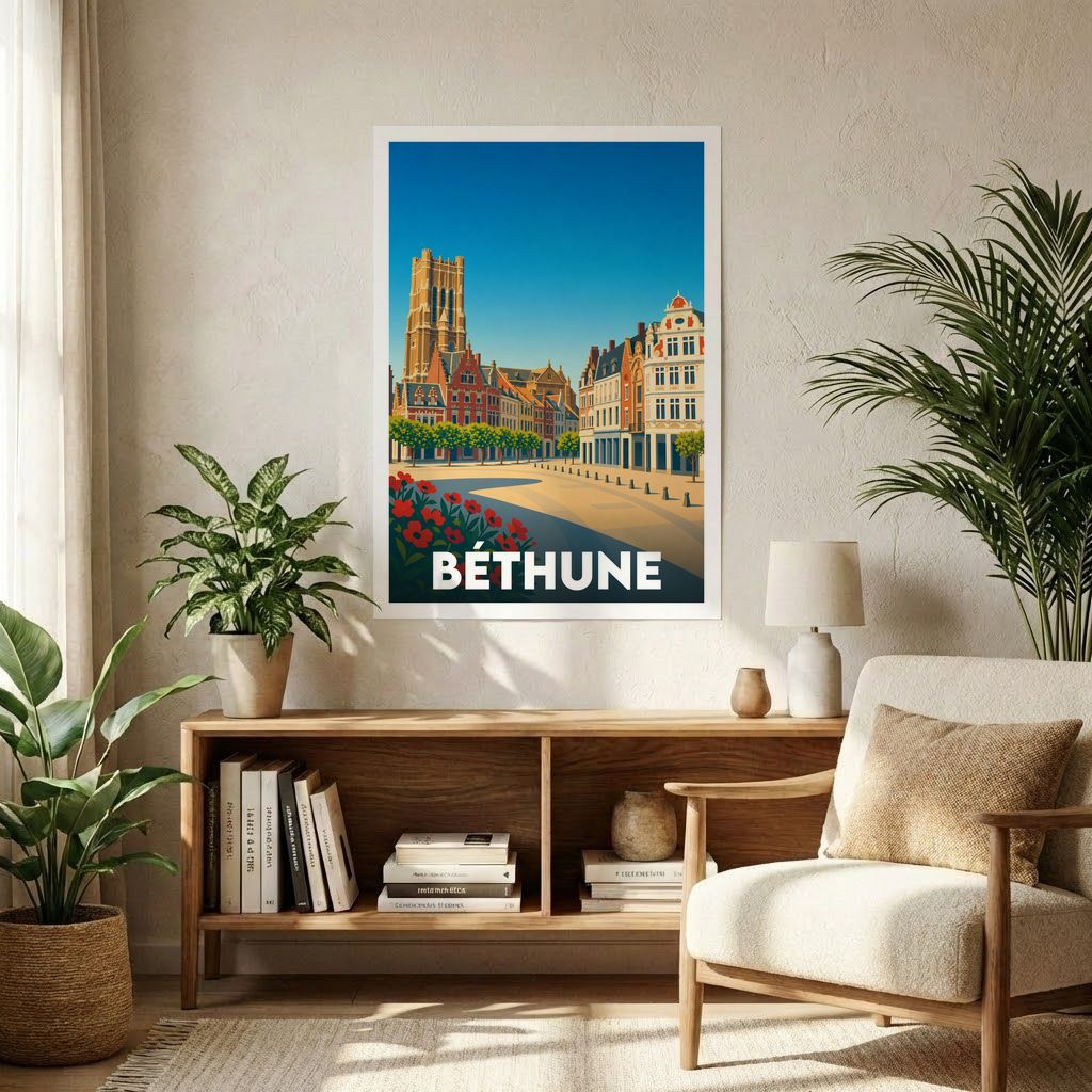 Affiche souvenir de la ville de Béthune avec une illustration stylisée.