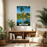 Affiche souvenir de la ville de Betton avec une illustration stylisée montrant son église au bord de l'eau.