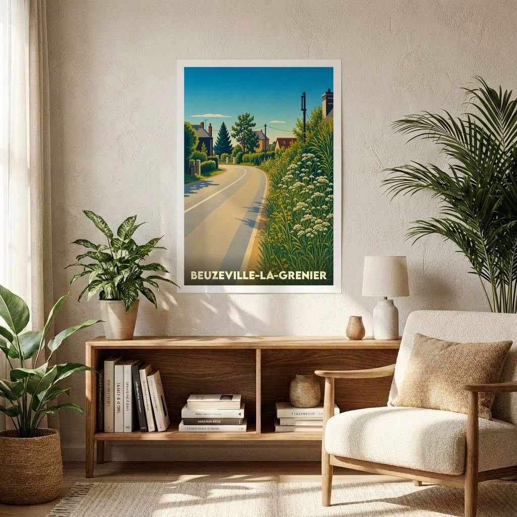 Affiche souvenir de la ville de Beuzeville-la-Grenier avec une illustration stylisée d'une route de campagne.