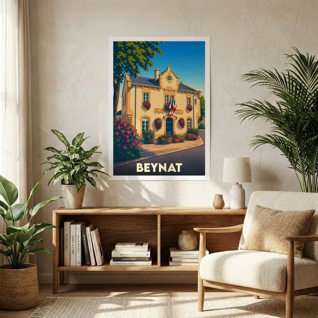 Affiche souvenir de la ville de Beynat illustrant la mairie dans un style graphique et coloré.