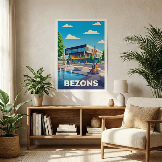 Affiche souvenir de la ville de Bezons avec une illustration stylisée.