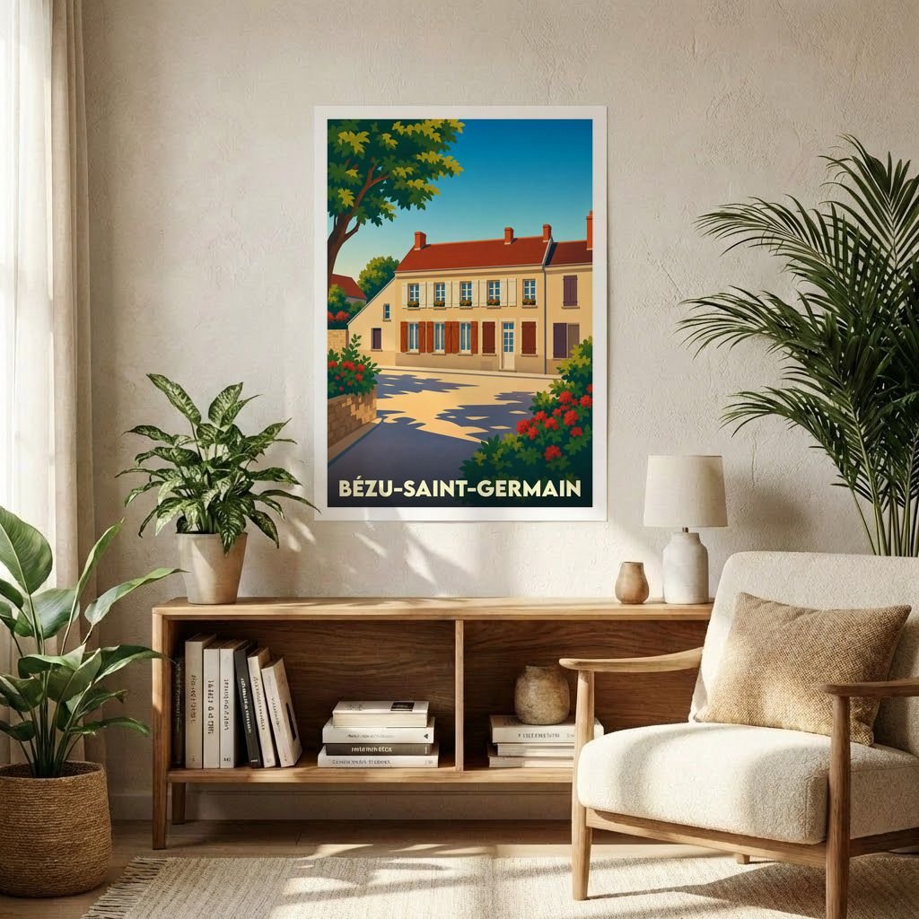 Affiche souvenir de la ville de Bézu-Saint-Germain avec une illustration stylisée d'une rue ensoleillée.