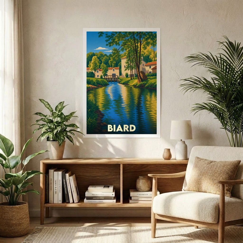 Affiche souvenir de la ville de Biard avec une illustration stylisée d'un cours d'eau et de maisons.