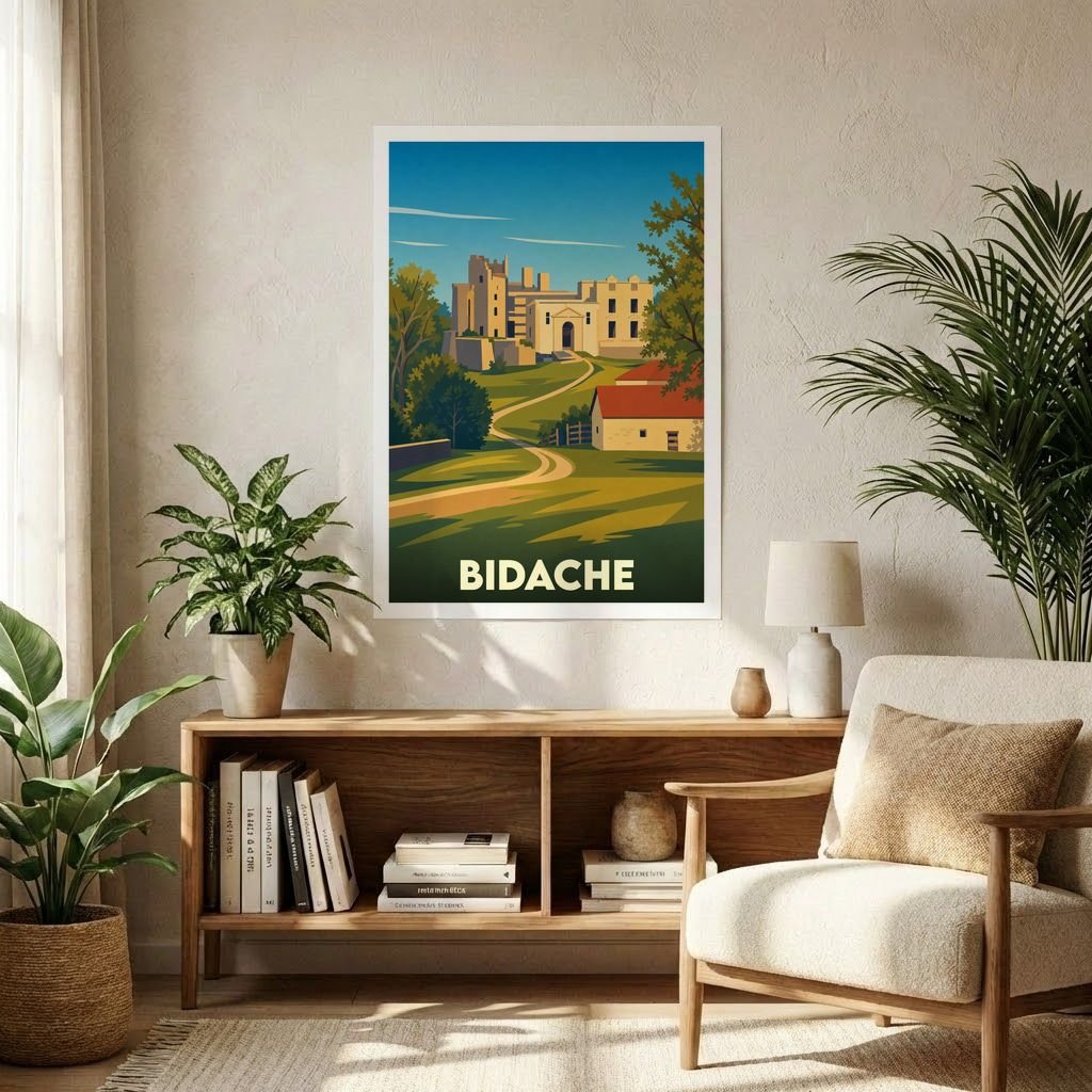 Affiche souvenir de la ville de Bidache représentant son château avec une illustration stylisée.