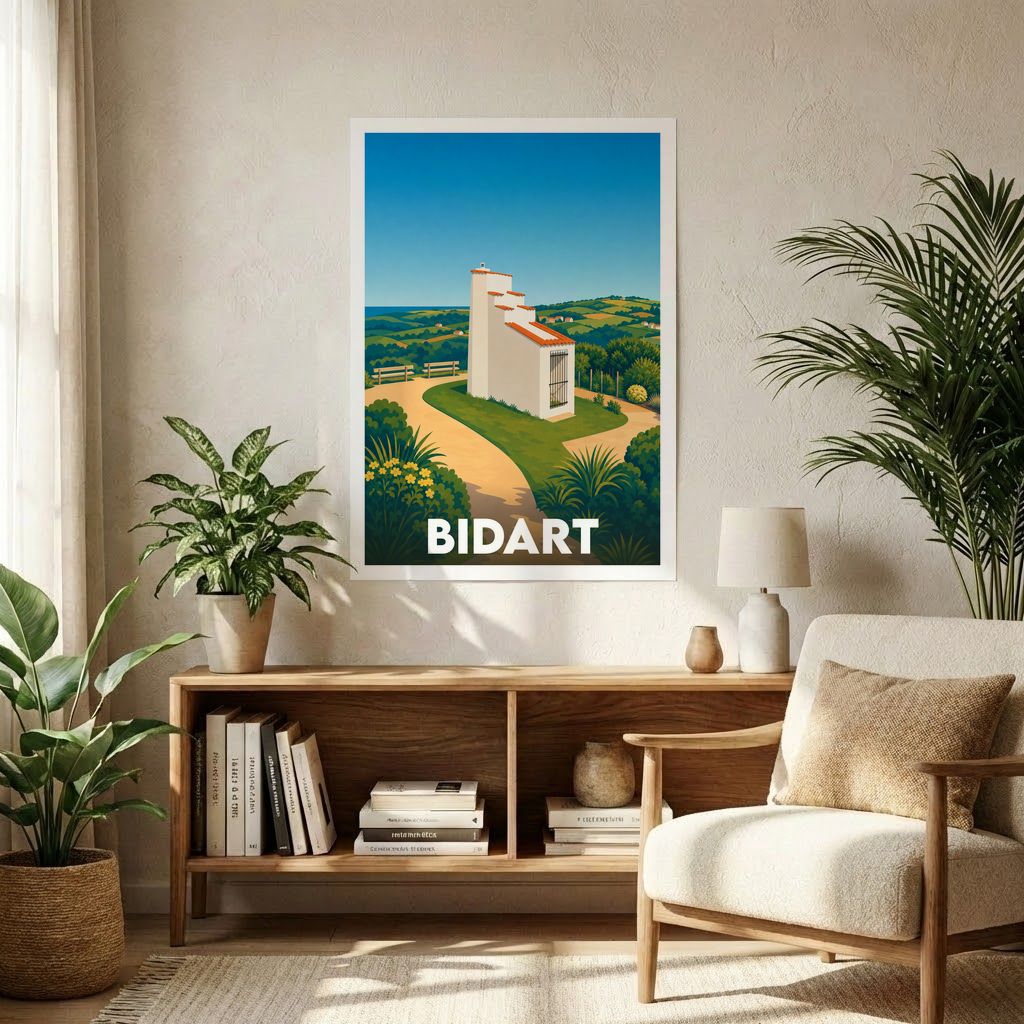 Affiche souvenir de la ville de Bidart avec une illustration stylisée d'un paysage côtier basque.