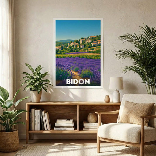 Affiche souvenir de la ville de Bidon avec une illustration stylisée de champs de lavande et d'un village perché.