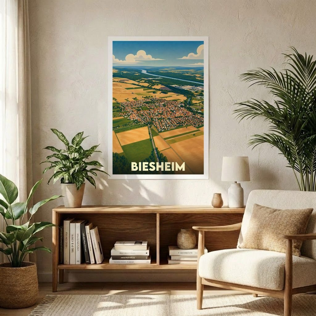 Affiche souvenir de la ville de Biesheim représentant une vue aérienne illustrée des champs et du village.