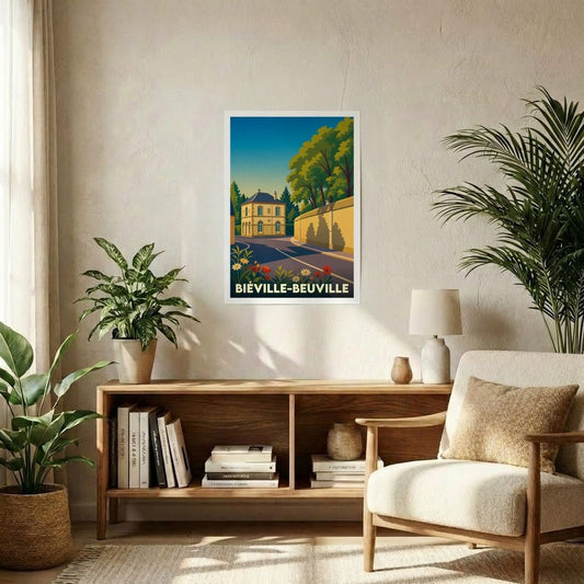 Affiche souvenir de la ville de Biéville-Beuville avec une illustration stylisée.