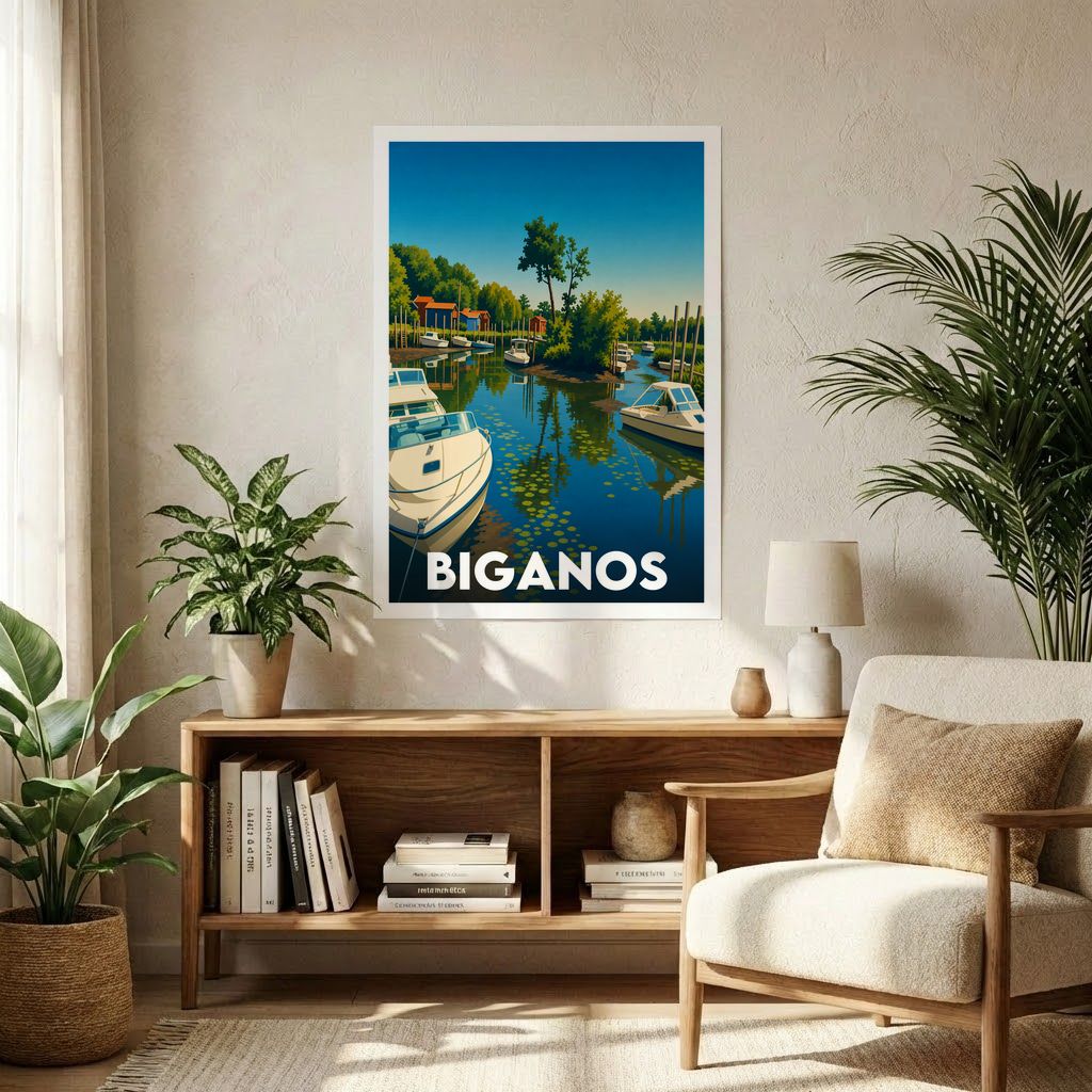 Affiche souvenir de la ville de Biganos avec une illustration stylisée représentant un port de plaisance.